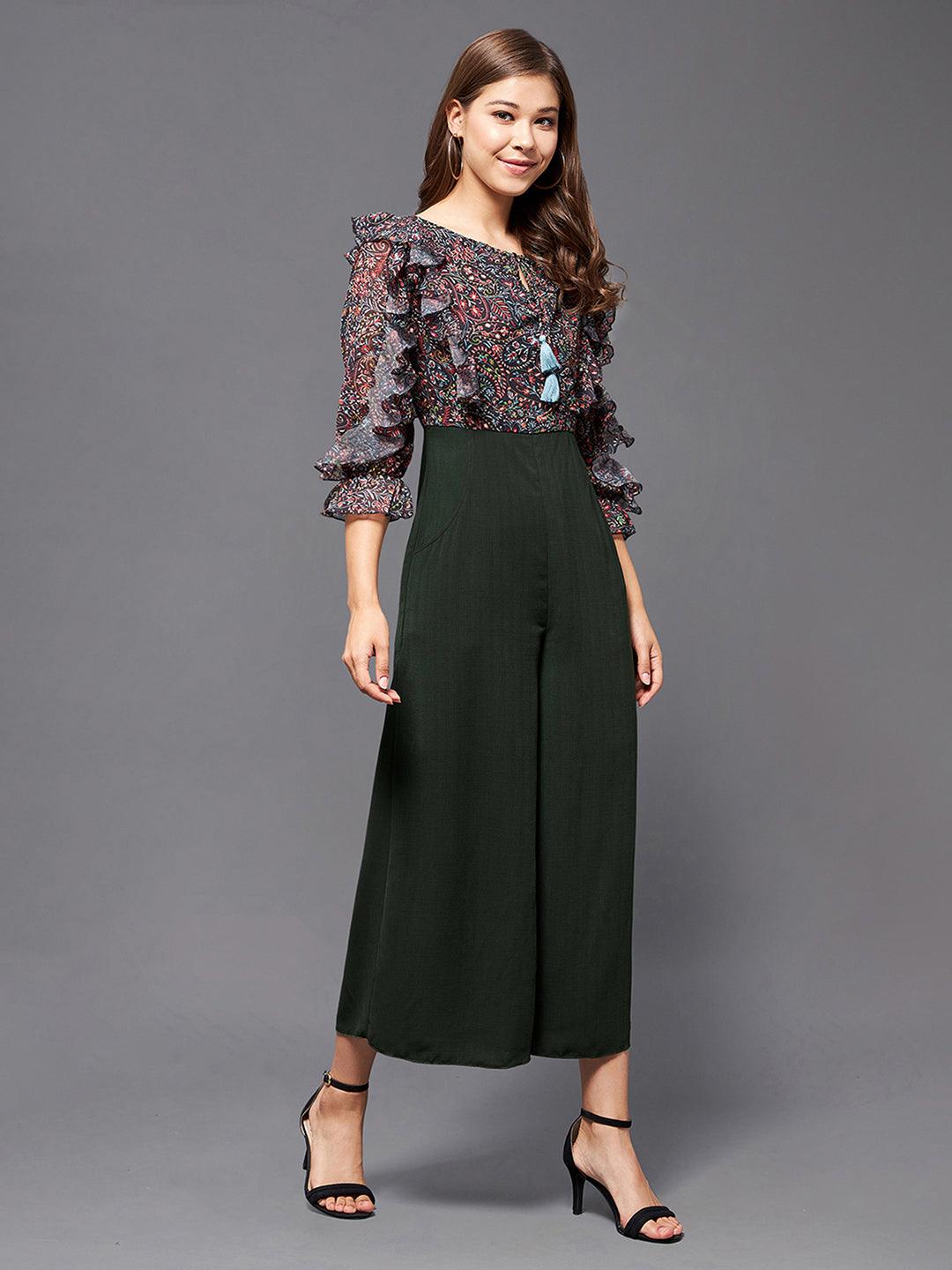 Women's Multicolored-Base-Green Printed Round Neck 3/4 Sleeve Polyester Ruffled Regular Length Jumpsuit