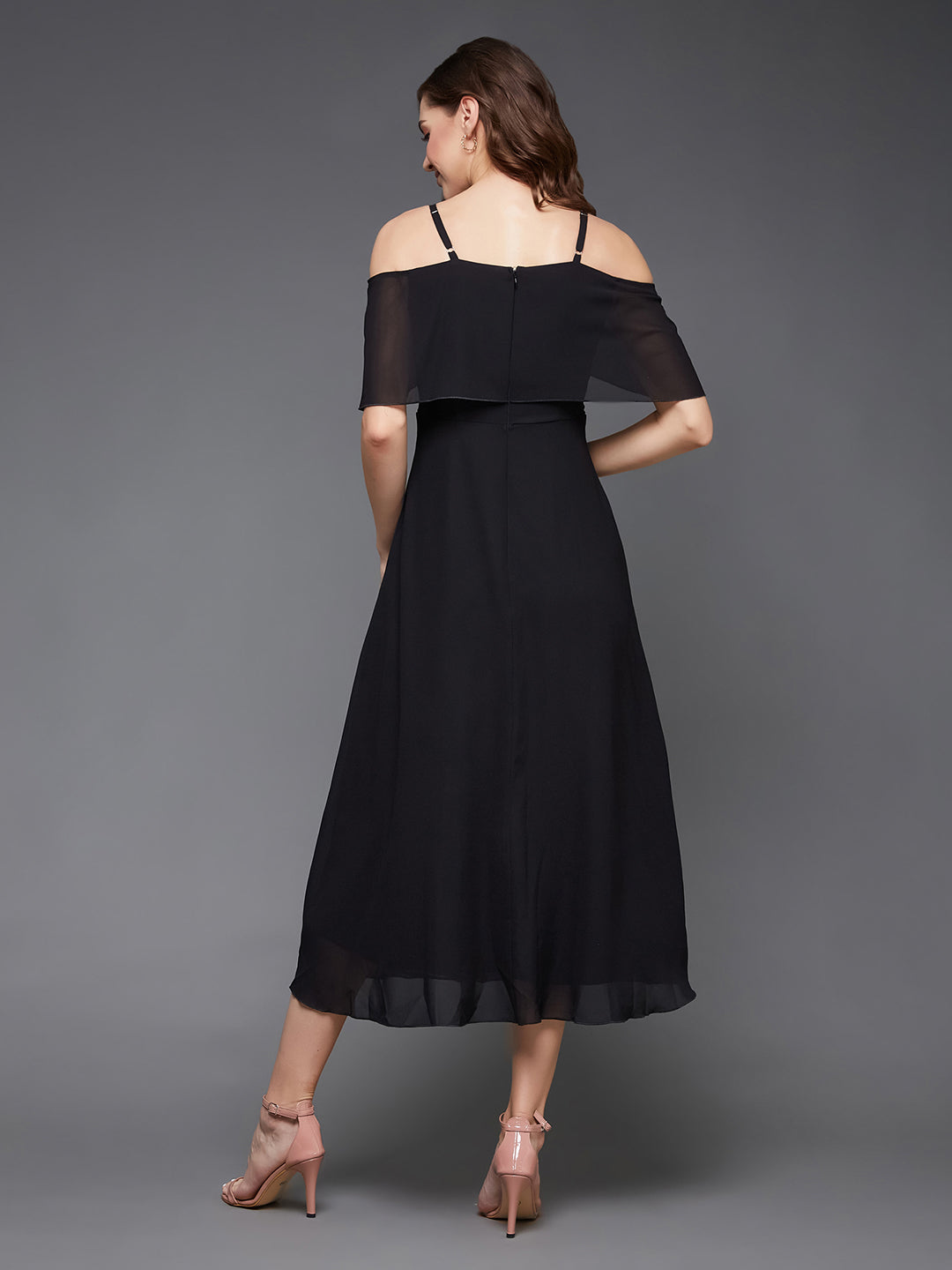 Black Bardot Style Sleeveless Spaghetti Strap Solid Off Shoulder Midi Skater Dress for Women — Miss Chase