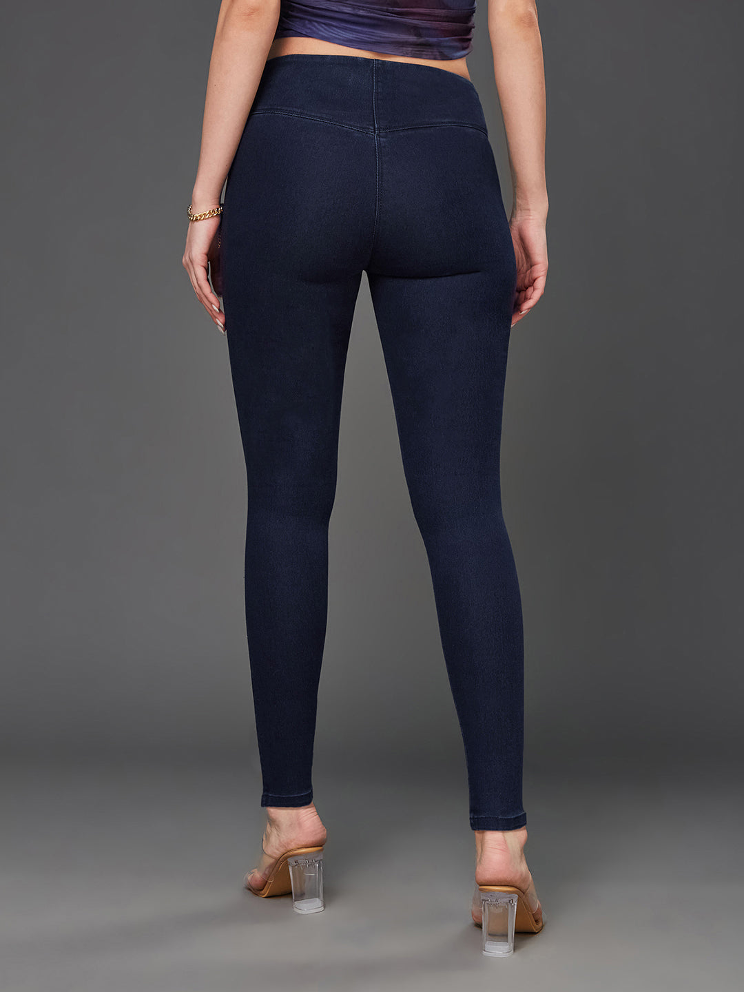 Women's Navy-Blue Super Skinny High-Rise Clean-Look Regular Length Knee-Slit Embellished Stretchable Denim Jeggings