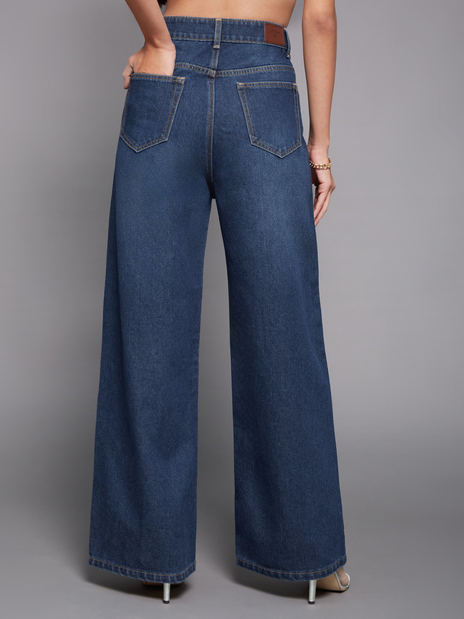 Women's Navy-Blue Wide-Leg High-Rise Clean-Look Regular-Length Denim Jeans