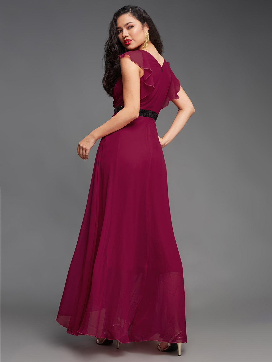 Dark Pink Solid Fit and Flare Maxi Dress Long Dress Frock with Black Sequinned Belt