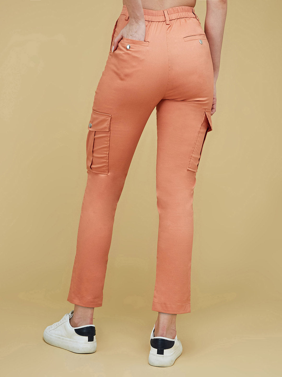 Women's Dusty Orange Solid Polyester High-Waist Regular Length Trousers