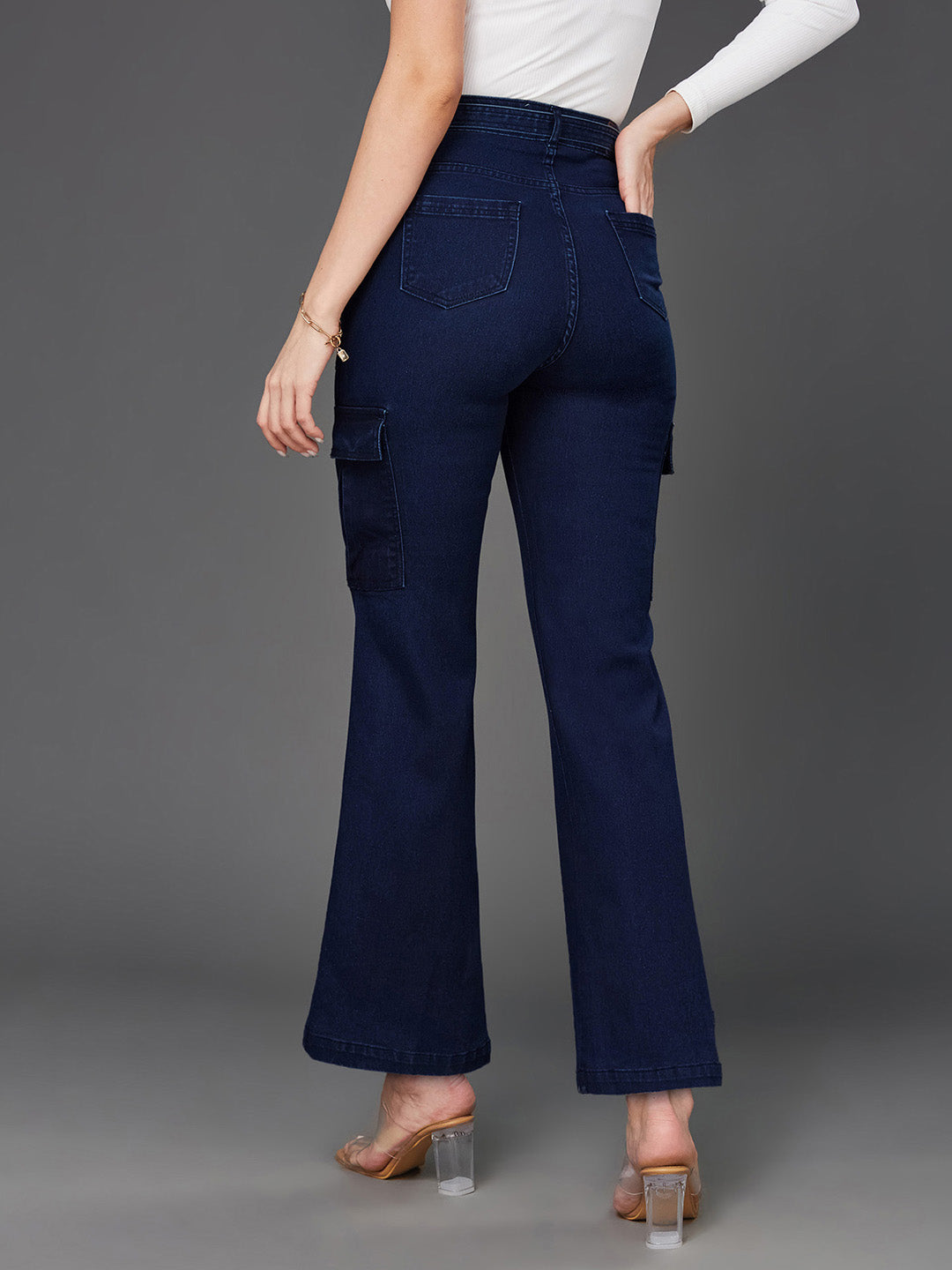 24/7 Comfort Navy Blue Wide-Leg High-Rise Clean-Look Regular Stretchable Cargo Denim Jeans