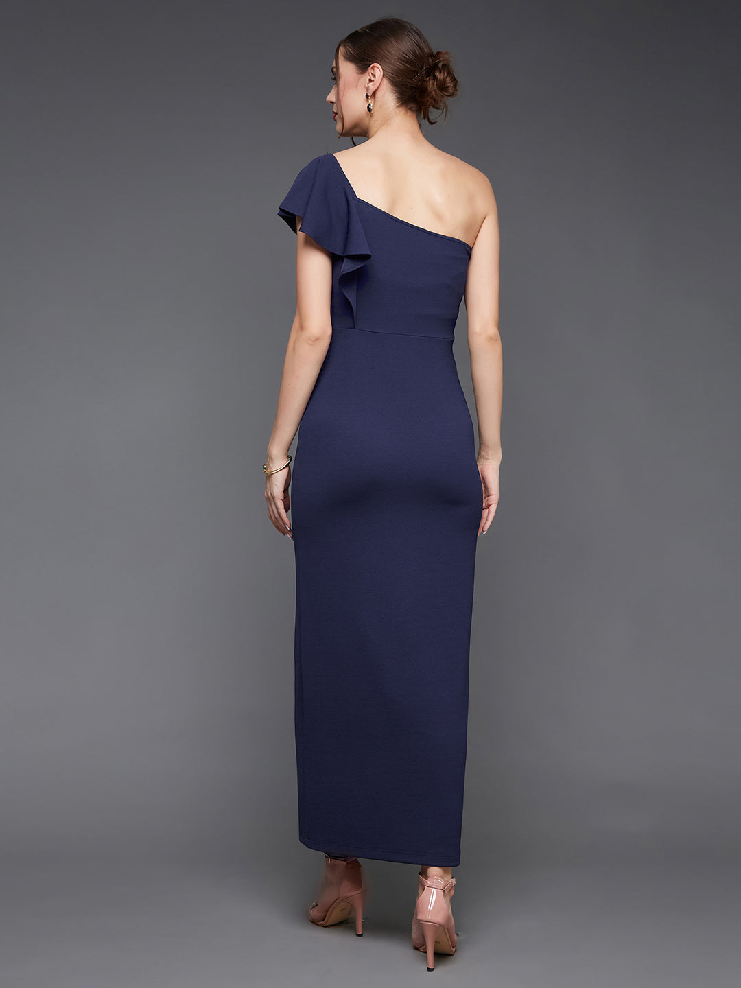 Navy Blue Solid One Shoulder Bodycon Maxi Dress Long Dress Frock