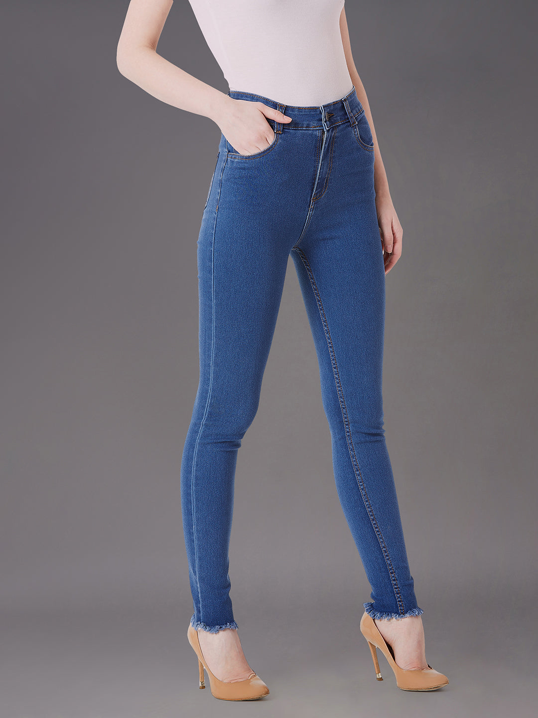 Women's Blue Skinny High-Rise Cropped-Length Fringe Detailing Stretchable Denim Jeans