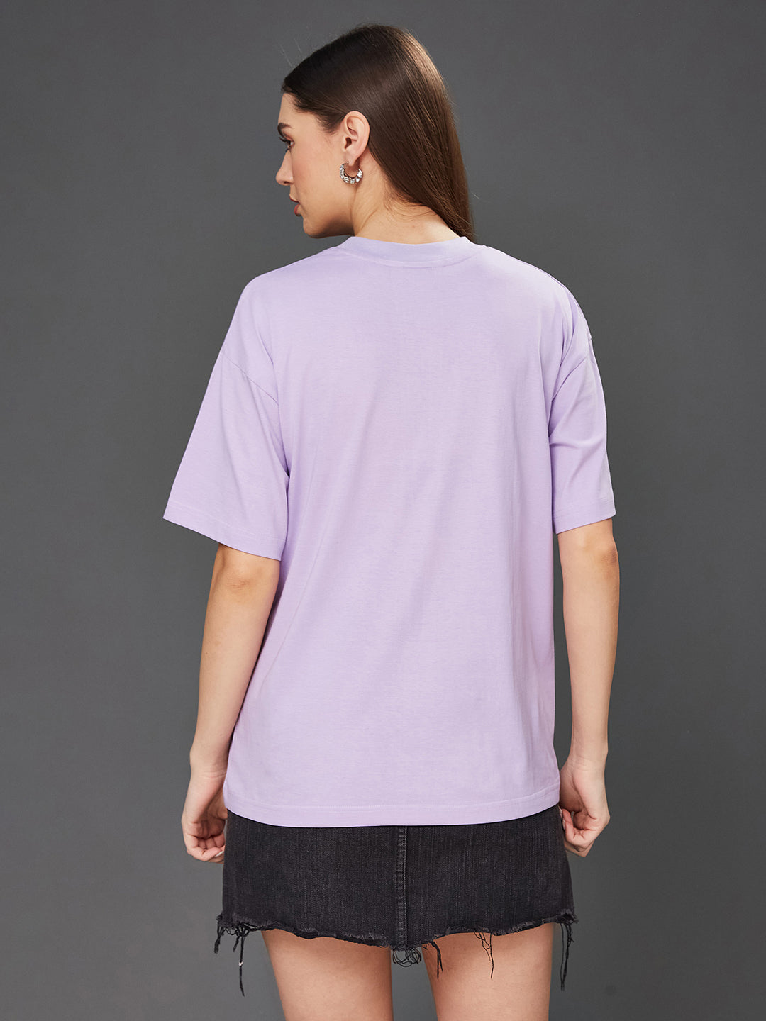 Women's Lavender Round Neck Half-Sleeve Cartoon-Printed Regular-Length Oversized Cotton T-Shirt