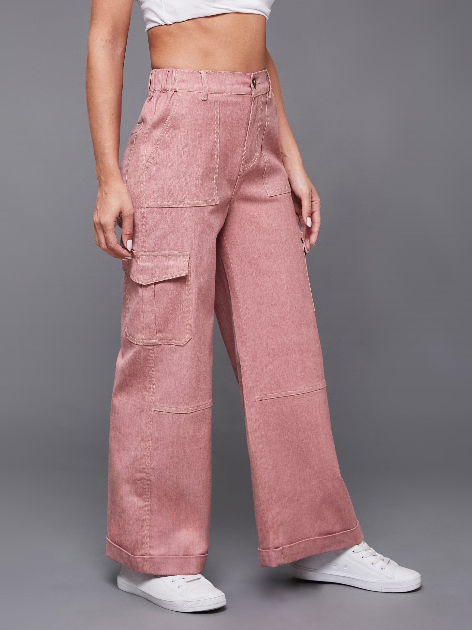 Women's Rose Pink Wide-Leg High-Rise Clean-Look Regular-Length Stretchable Denim Pants