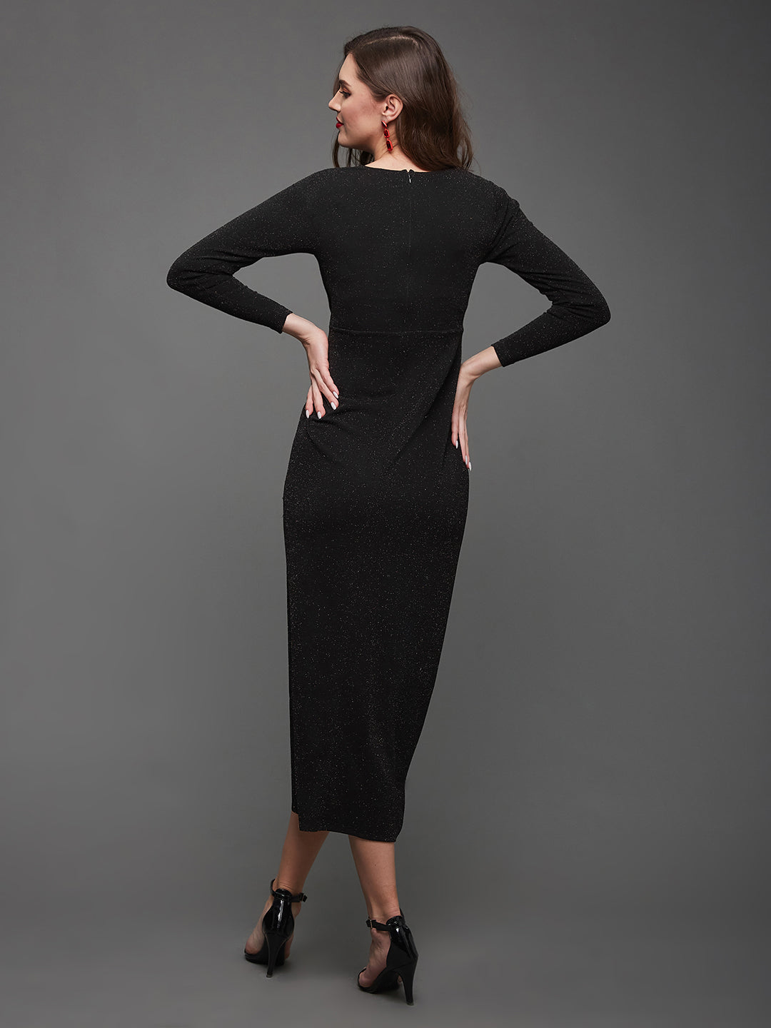 Women's Black V-Neck Full Sleeve Self Designed Wrap Midi Dress