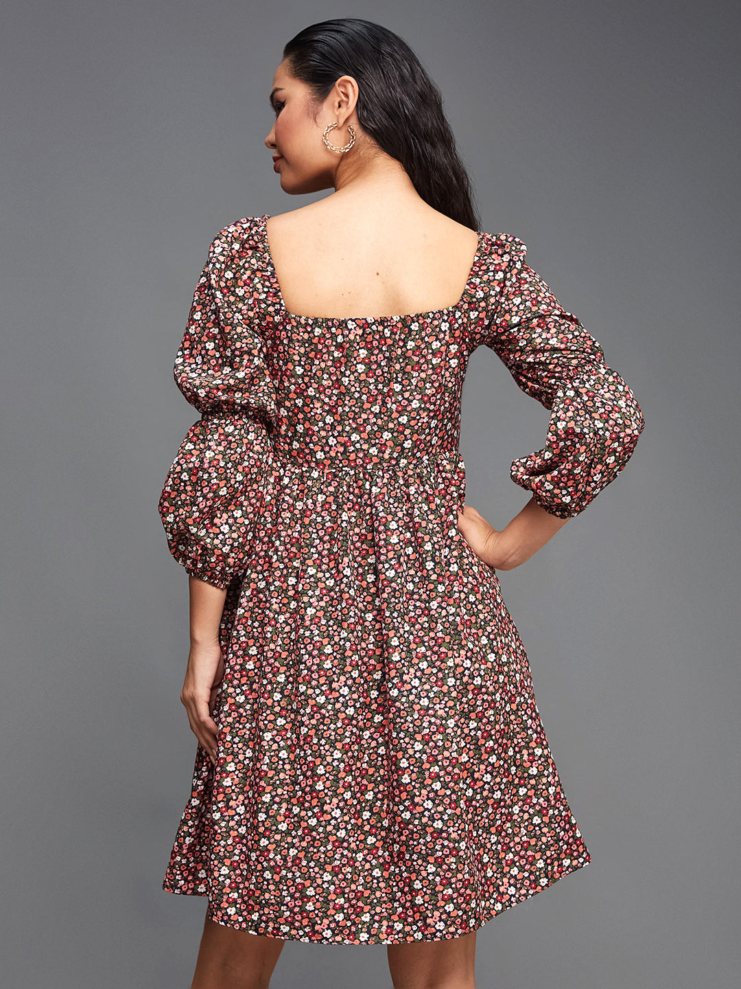 Women's Multicolored-Base-Black Square Bishop Sleeve Viscose Rayon Floral Gathered Above Knee Dress