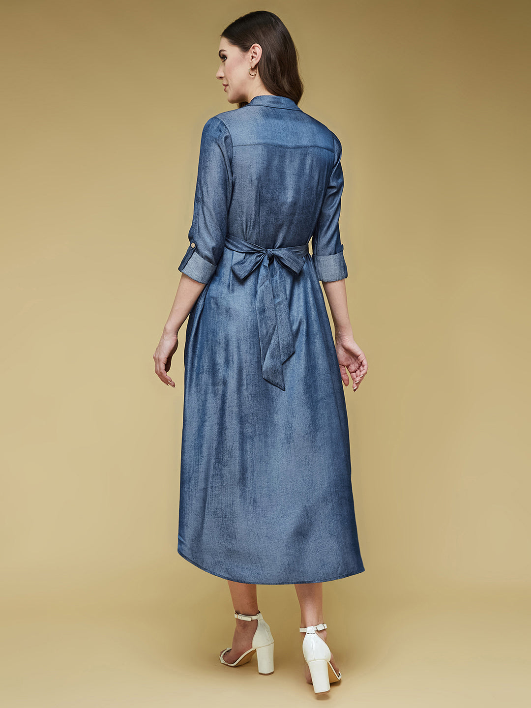 Women's Blue Shirt Collar 3/4 Sleeve Solid Midi Polyester Shirt Dress