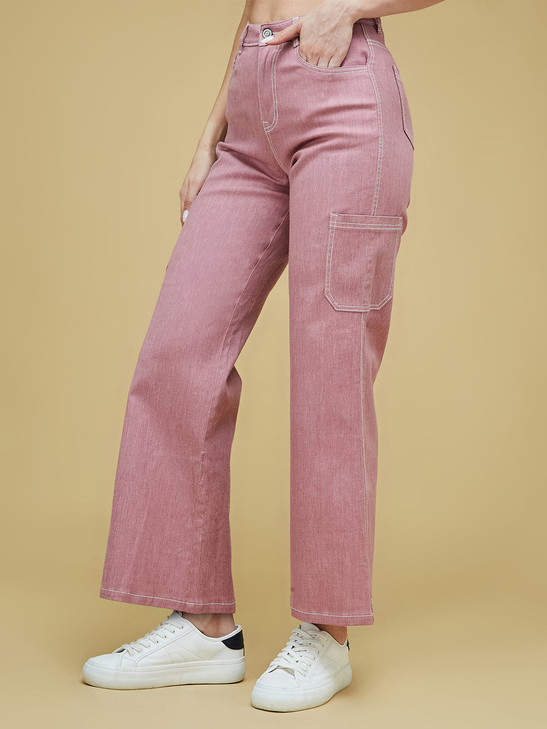 24/7 Comfort Dusty Pink Wide-Leg High-Rise Clean-Look Regular-Length Stretchable Denim Pants