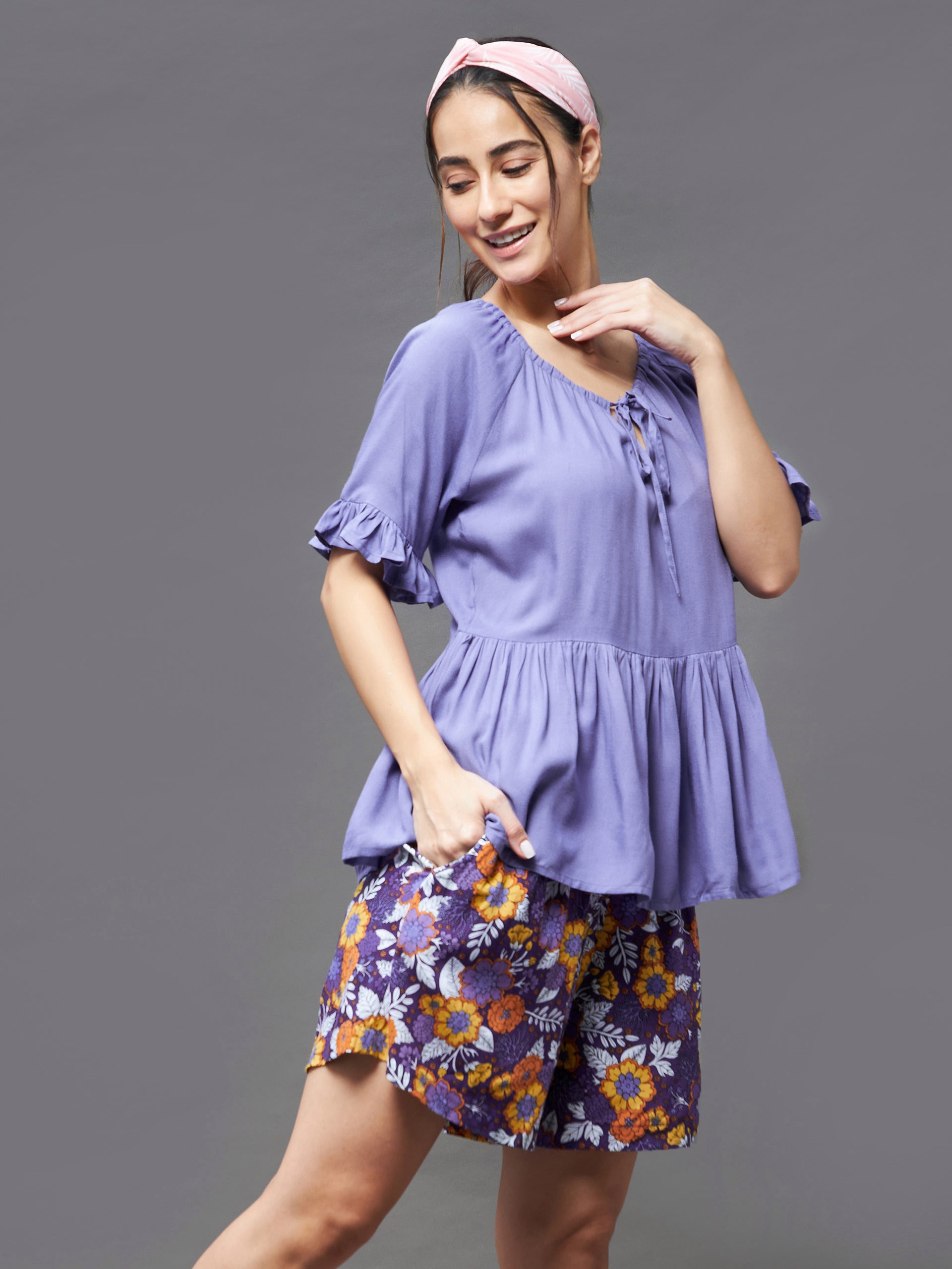 Women's Lavender Round Neck Short Sleeve Floral Front Placket Short Top & Shorts Sets
