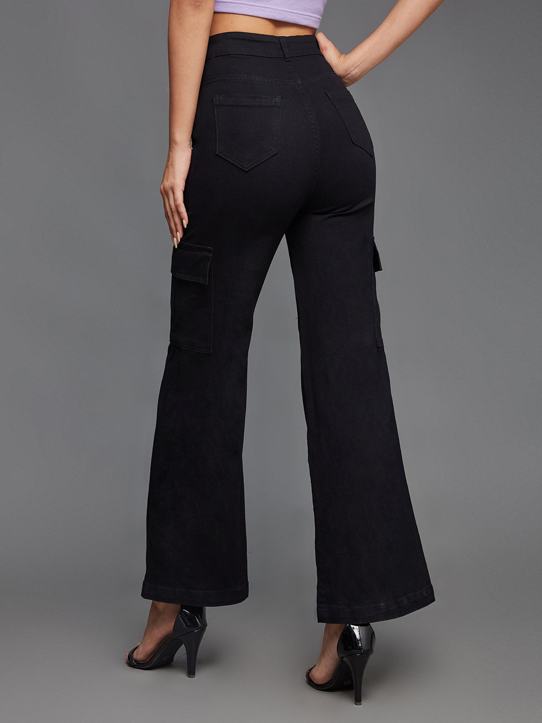 24/7 Comfort Black Wide-Leg High-Rise Stretchable Denim Cargo Jeans