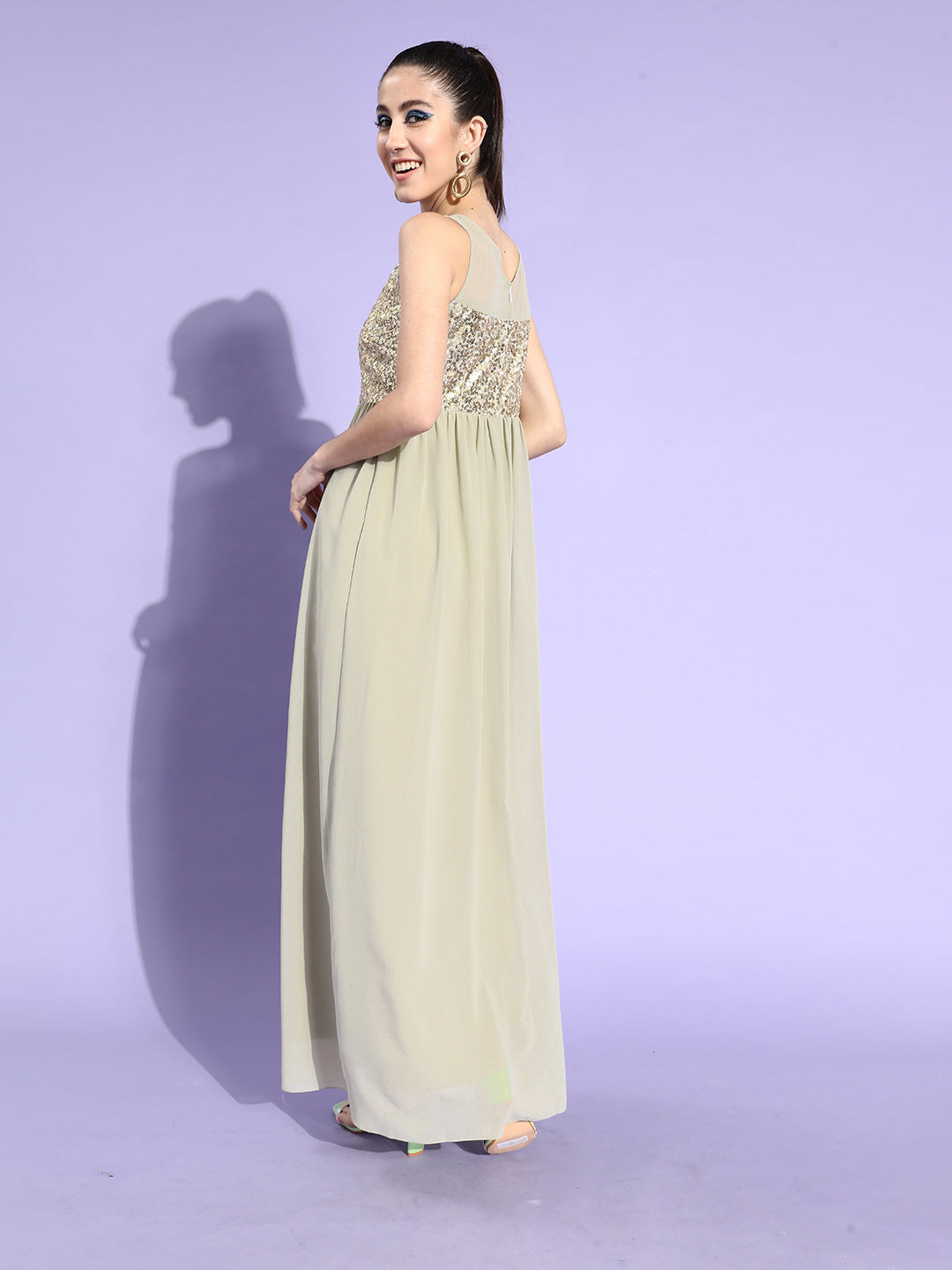 Women's Dusty Green & Golden Solid Embellished Maxi Dress