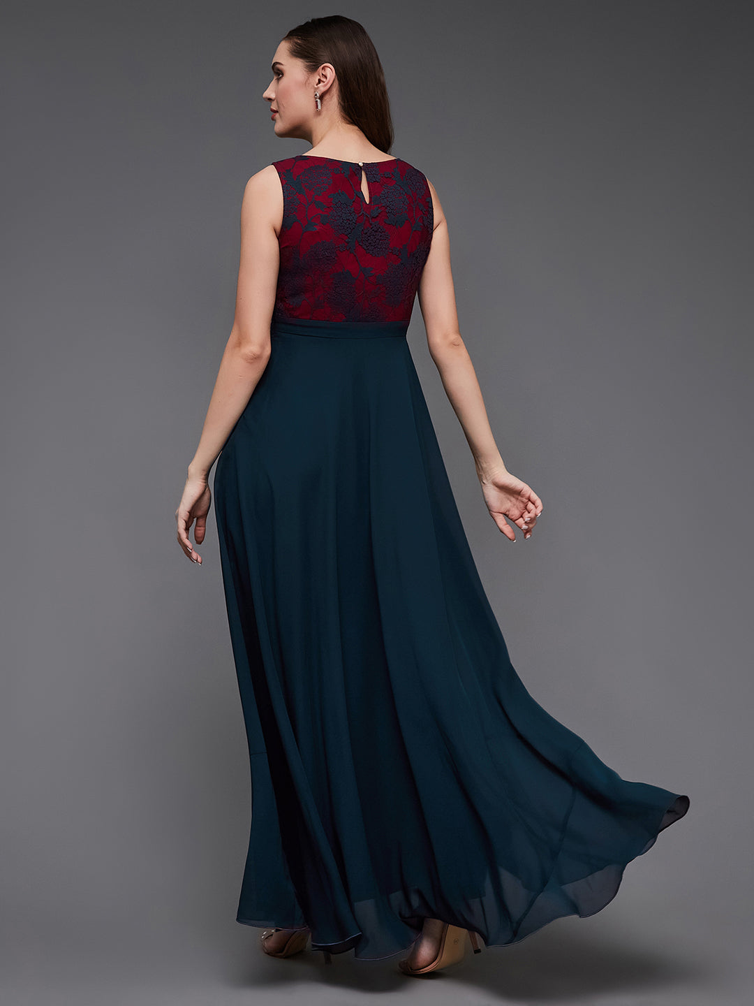 Teal Sleeveless Fit and Flare Lace Dress for Women