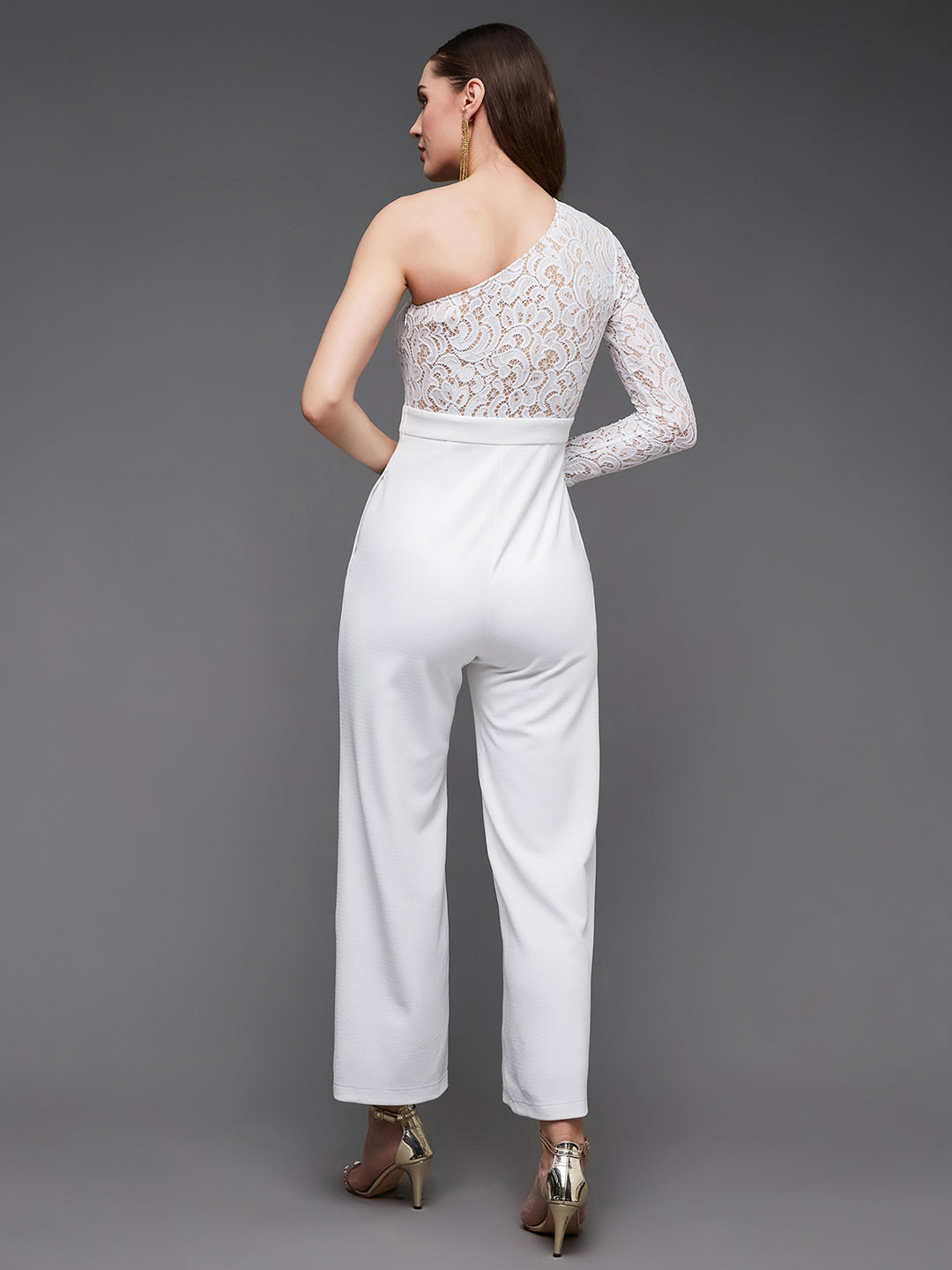 Women's Off White Self Design One-Shoulder Polyester Lace-Overlaid Slim Fit Regular Jumpsuits