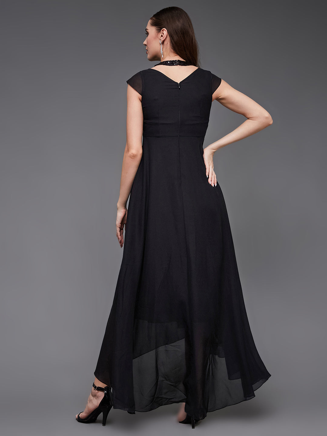 Women's Black Halter-Neck Cap-Sleeve Solid Pleated Embellished Georgette Maxi Dress
