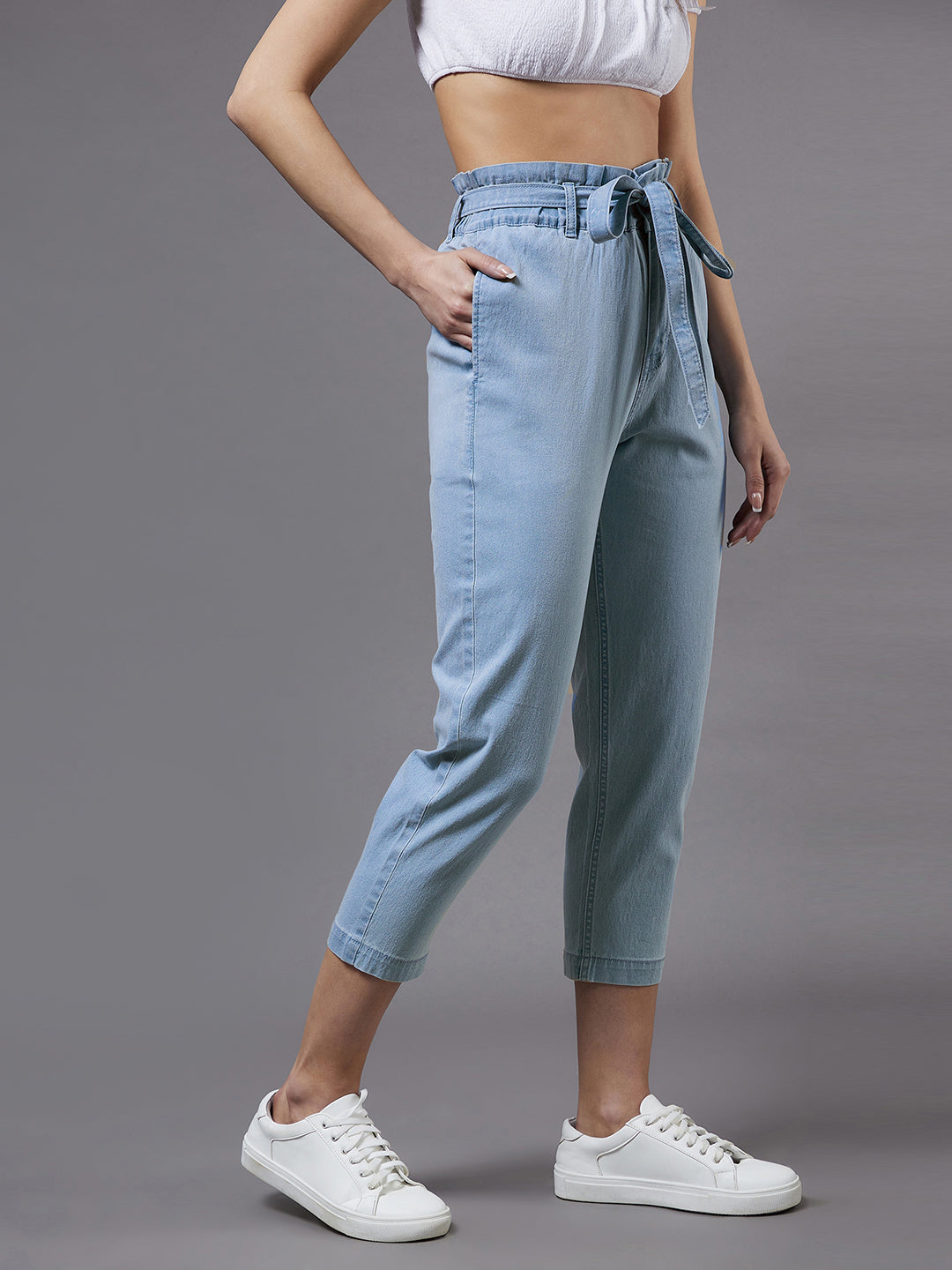 24/7 Comfort Light Blue Paper bag High-Rise Clean-Look Regular Stretchable Denim Jeans