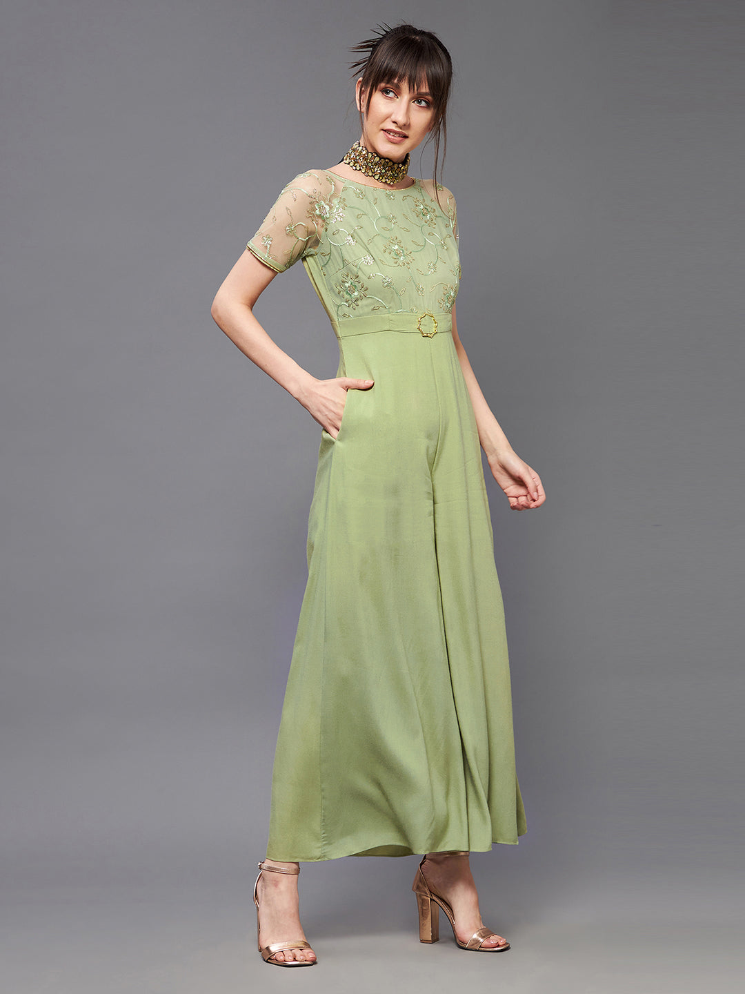 Women's Light Green Round Neck Raglan Viscose Rayon Embroidered Straight Leg Regular Jumpsuit