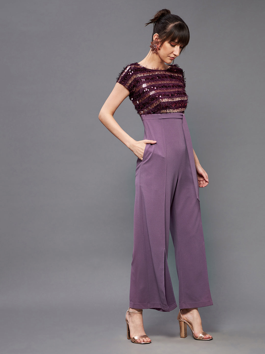 Women's Purple Round Neck Short Sleeve Embellished Front Slit Fringed Regular Jumpsuit