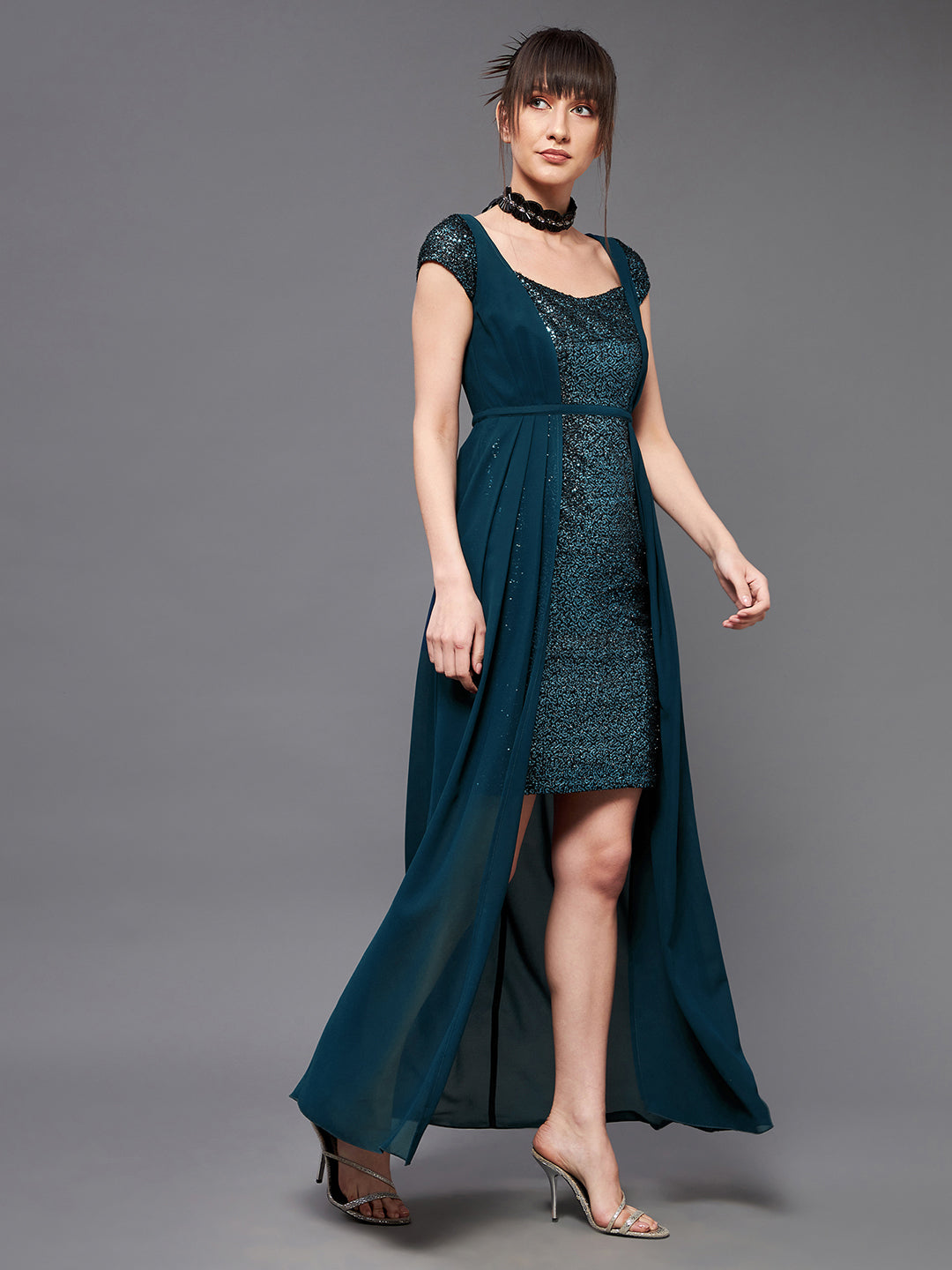 Teal Cap Sleeves Sequinned Dress with Cape