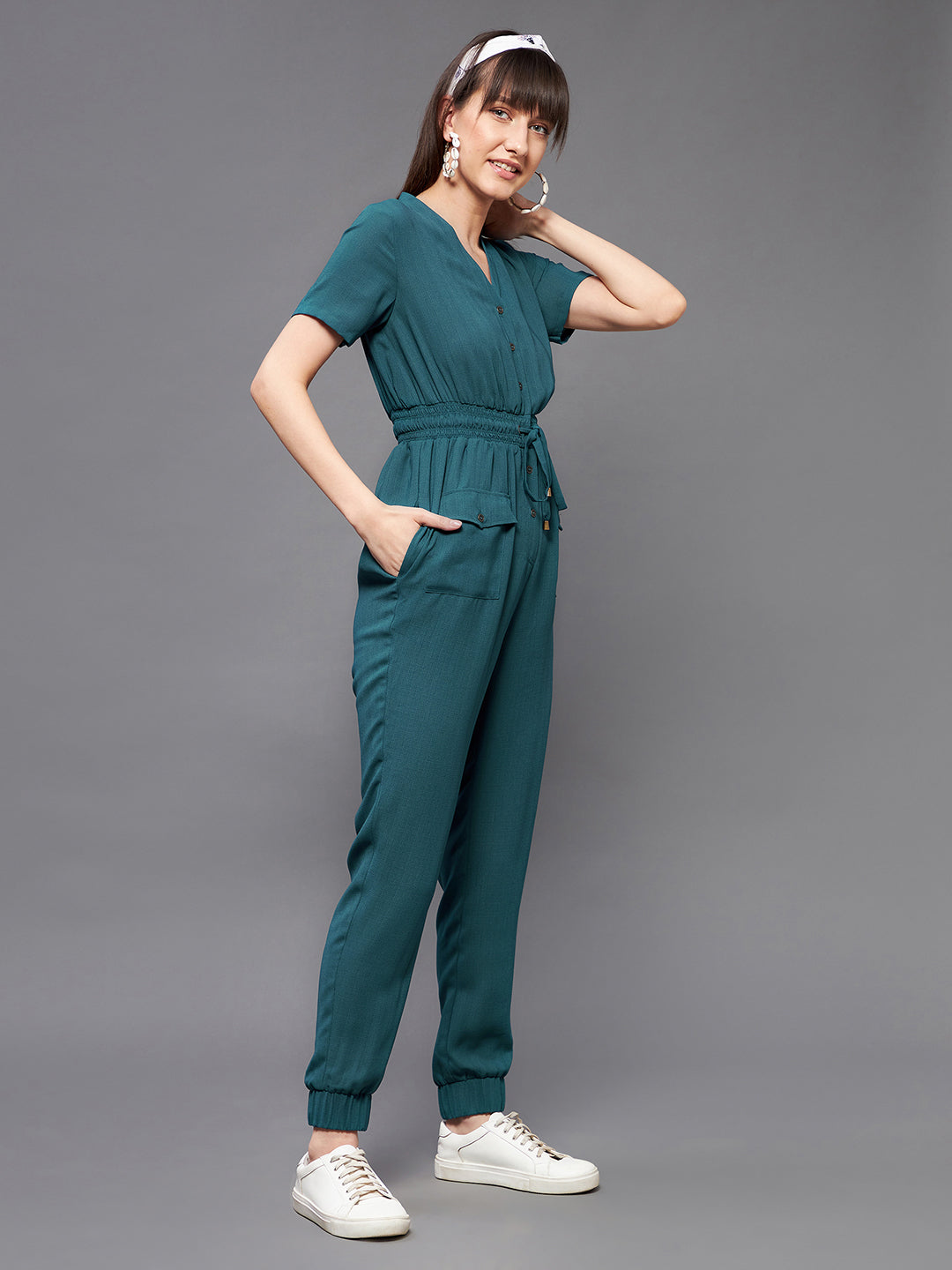 Women's Dusty Turquoise V-Neck Short Sleeve Solid Straight Leg Polyester Regular Jumpsuit