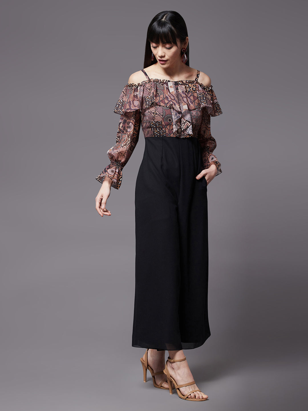Women's Multicolored-Base-Black Off-Shoulder Ruffled Sleeve Animal Print Frilled Regular Jumpsuit