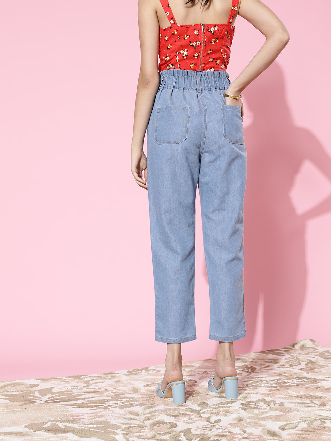 Women's Light Blue Mom's Jean High-Rise Mild Distress Stretchable Denim Jeans