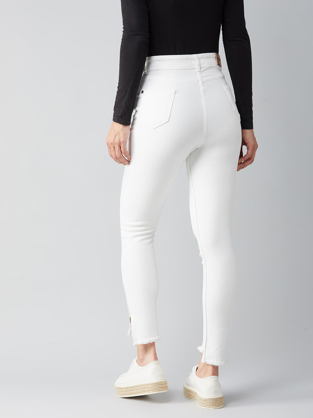 24/7 Comfort White Skinny-Fit High-Rise Side-Slit Raw Edge Cropped Stretchable Denim Jeans