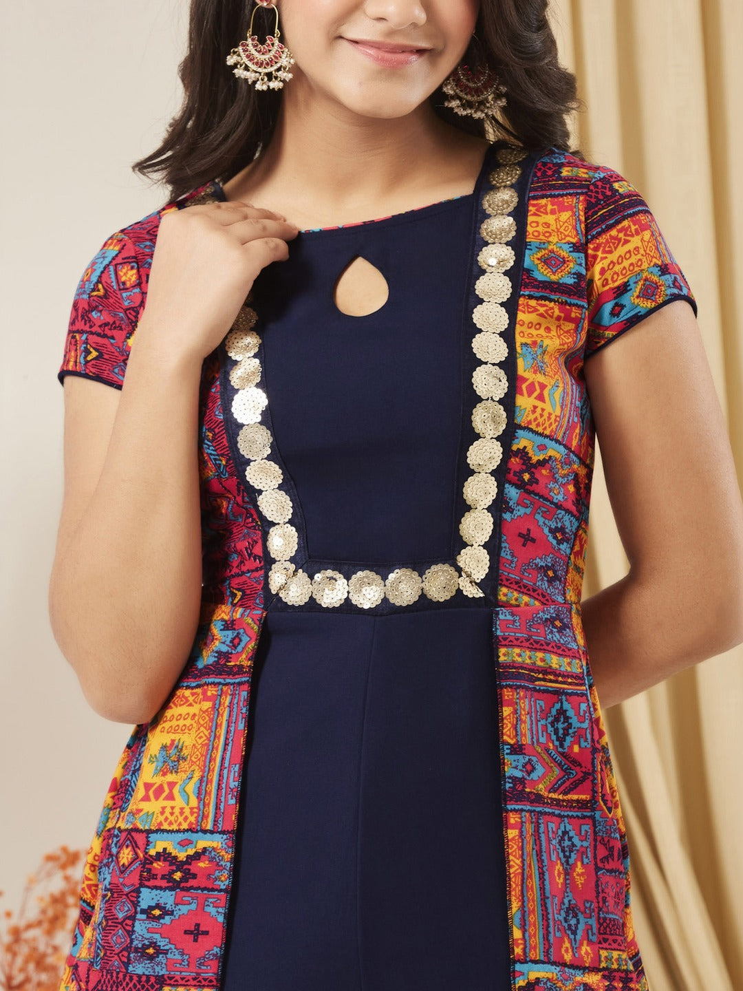 Navy Blue Keyhole-Neck Regular Sleeve Bohemian Paneled Viscose-Rayon Regular-Length Jumpsuit for Girls/Teenagers