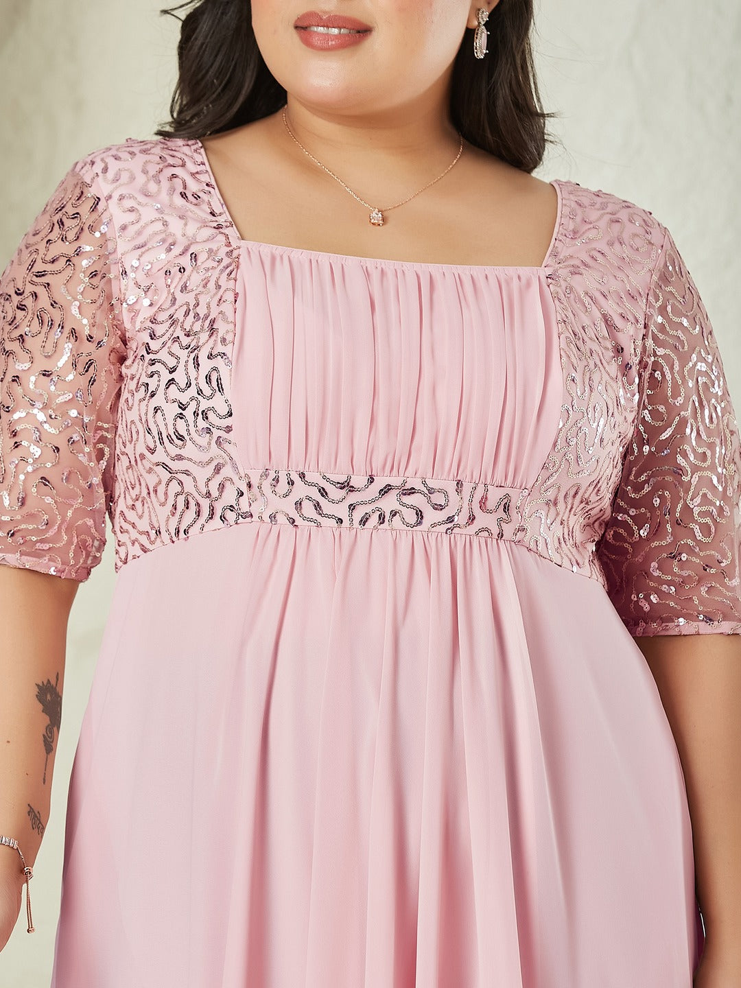 Dusty Pink Square Neck Half Sleeve Solid Embellished Maxi Dress for Women