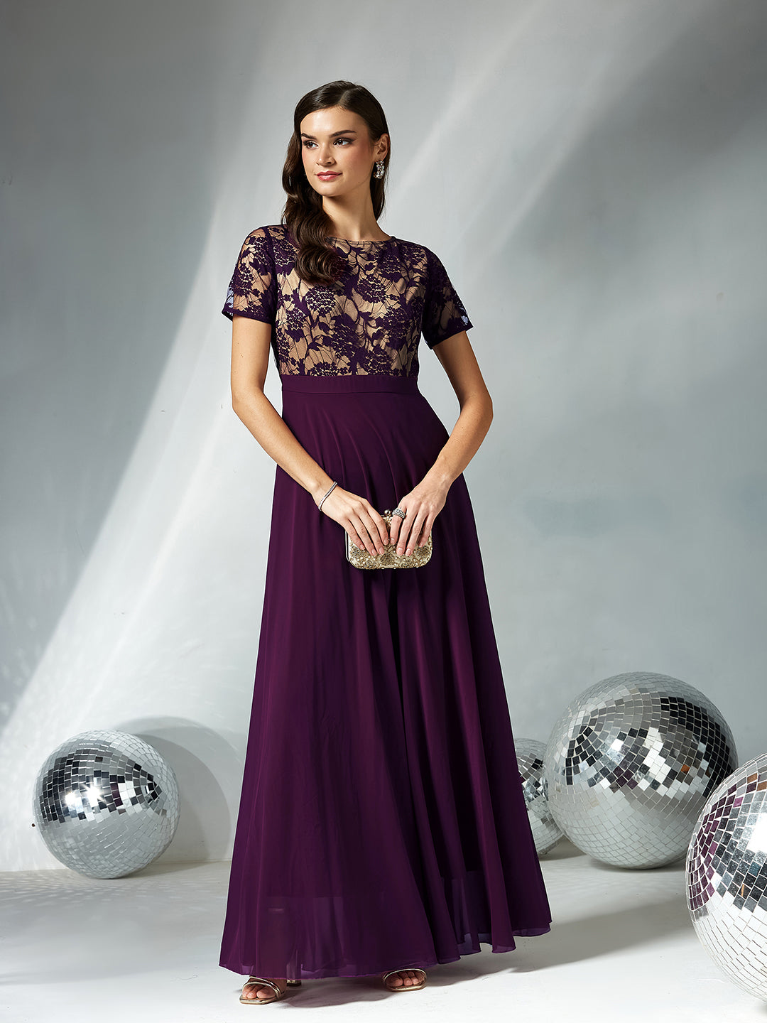 Women's Dark Purple Round Neck Half Sleeve Self Design Fit & Flare Georgette Maxi Dress