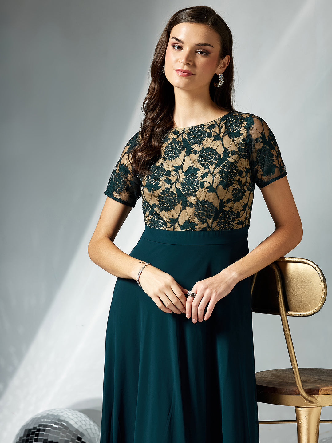 Women's Teal Round Neck Half Sleeve Self Design Fit & Flare Georgette Maxi Dress