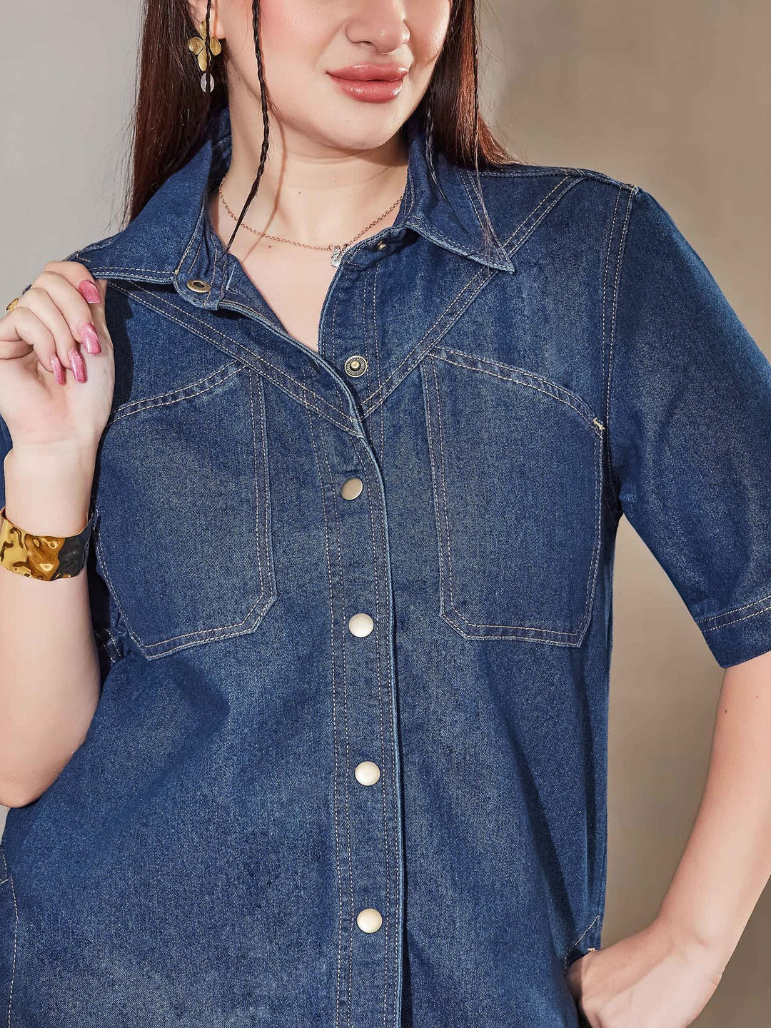 Navy Blue Boxy Denim Shirt - Half Sleeves, Collared, Relaxed Fit for Women