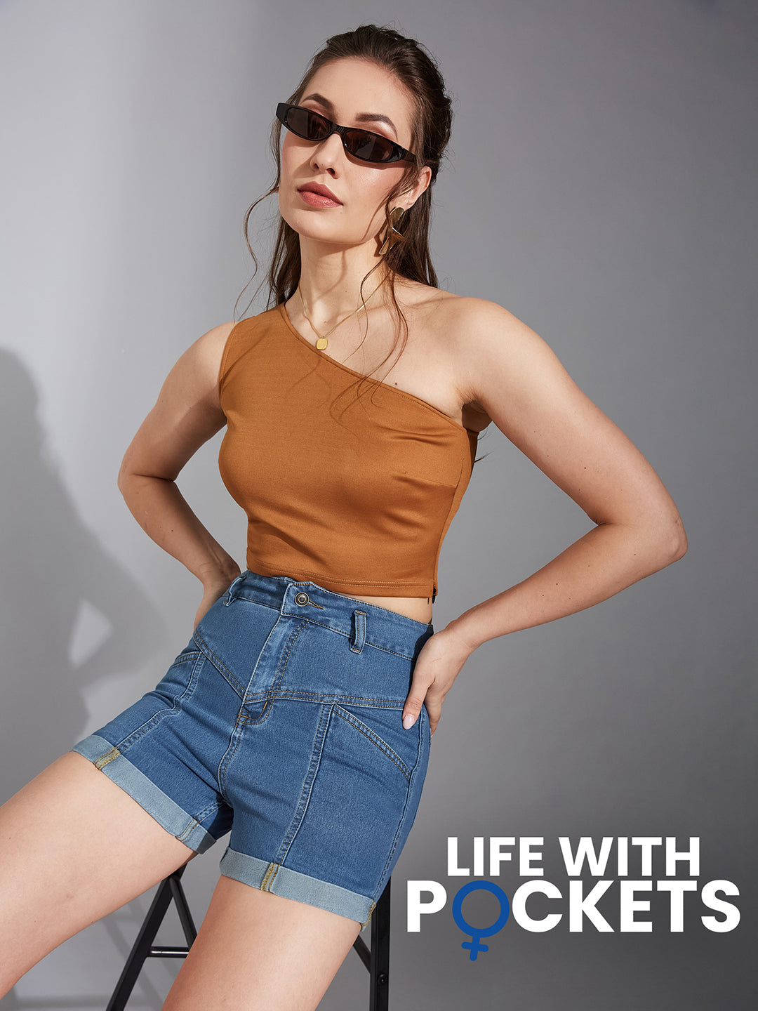 Blue Relaxed-Fit High-Rise Clean-Look Stretchable Blue Denim Shorts for Women — Life With Pockets