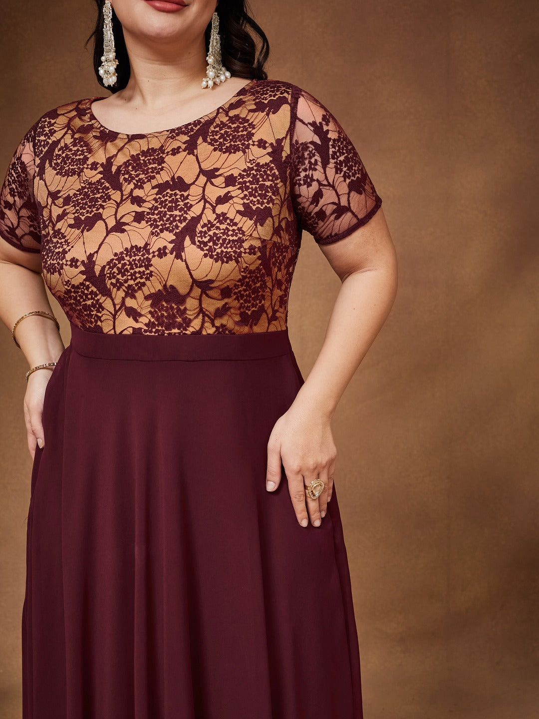 Wine & Beige Relaxed Fit Regular Georgette Dress for Women
