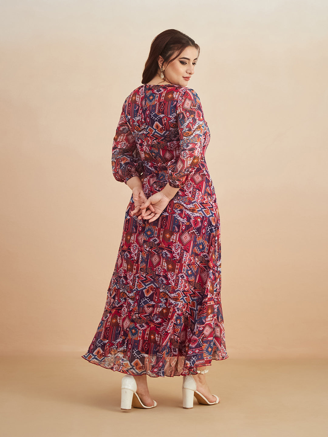 Multicolored V-Neck Three-Quarter Sleeve Geometric Patterned Wrap Midi Chiffon Dress for Women