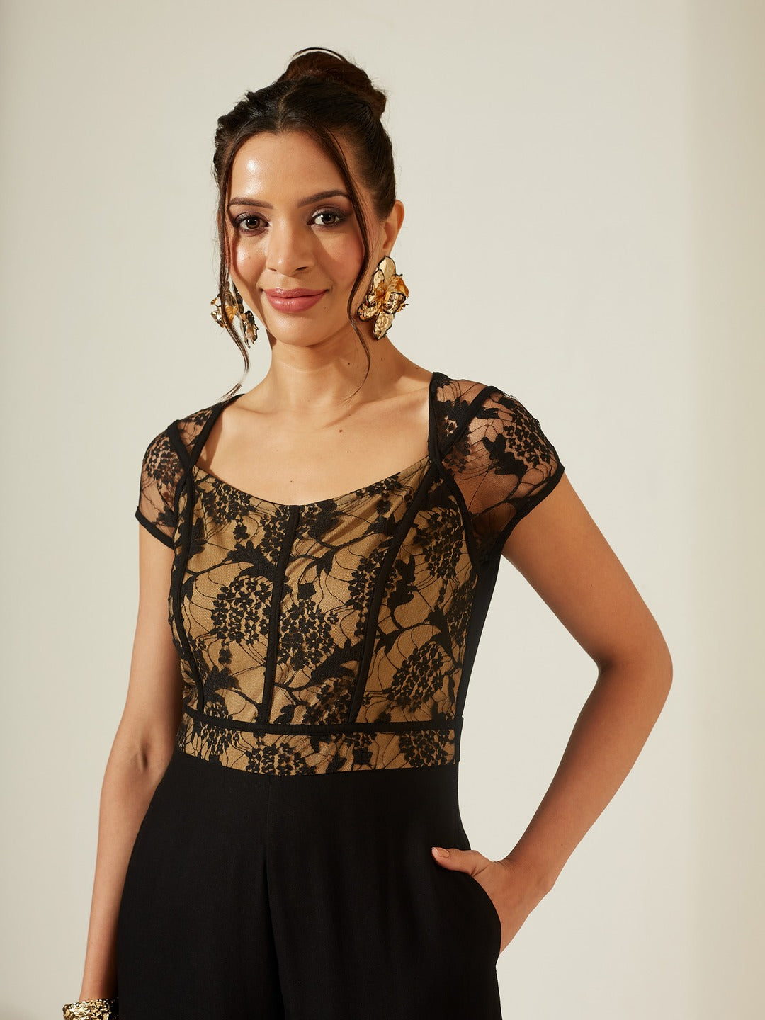 Black Sweetheart Neck Raglan Sleeve Floral Lace Overlaid Viscose-Rayon Regular Length Jumpsuit for Women