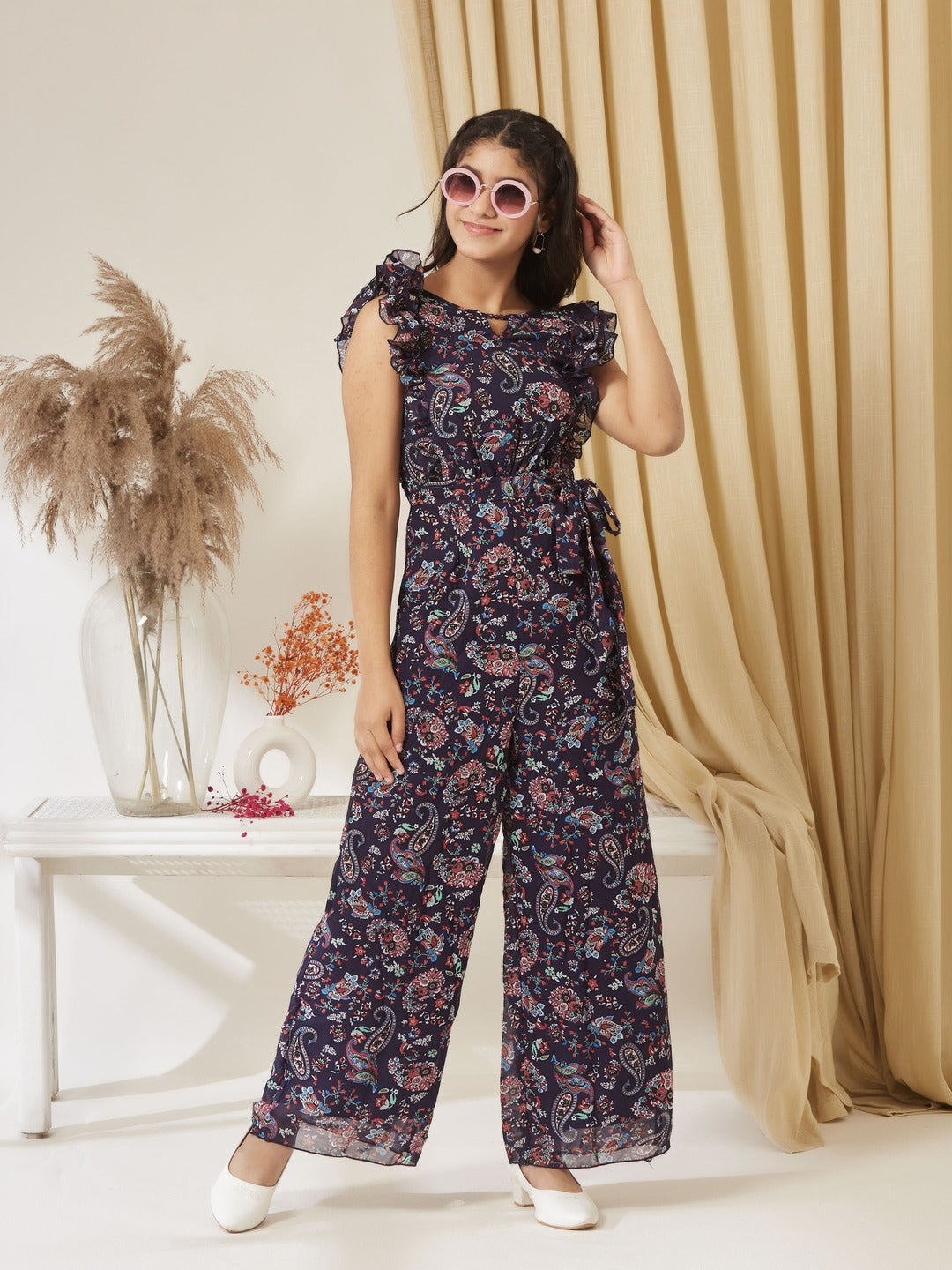 Navy Blue Round Neck Sleeveless Floral Wide Leg Regular Jumpsuit for Girls/Teenagers