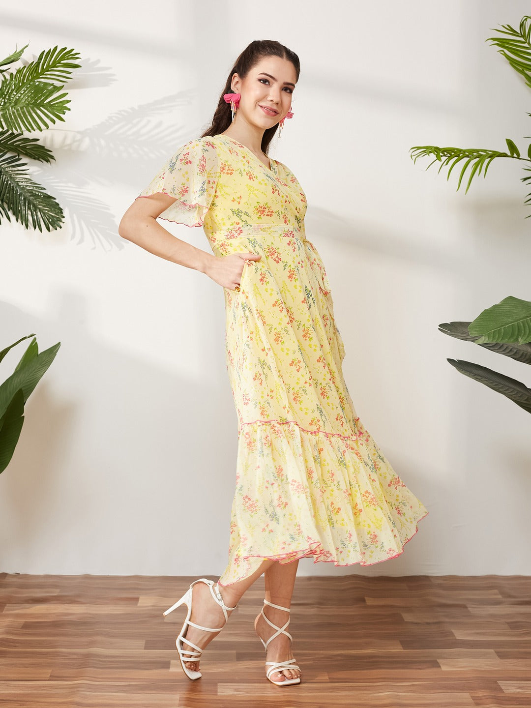 Yellow V Neck Flared Sleeve Floral Wrap Maxi Dress for Women