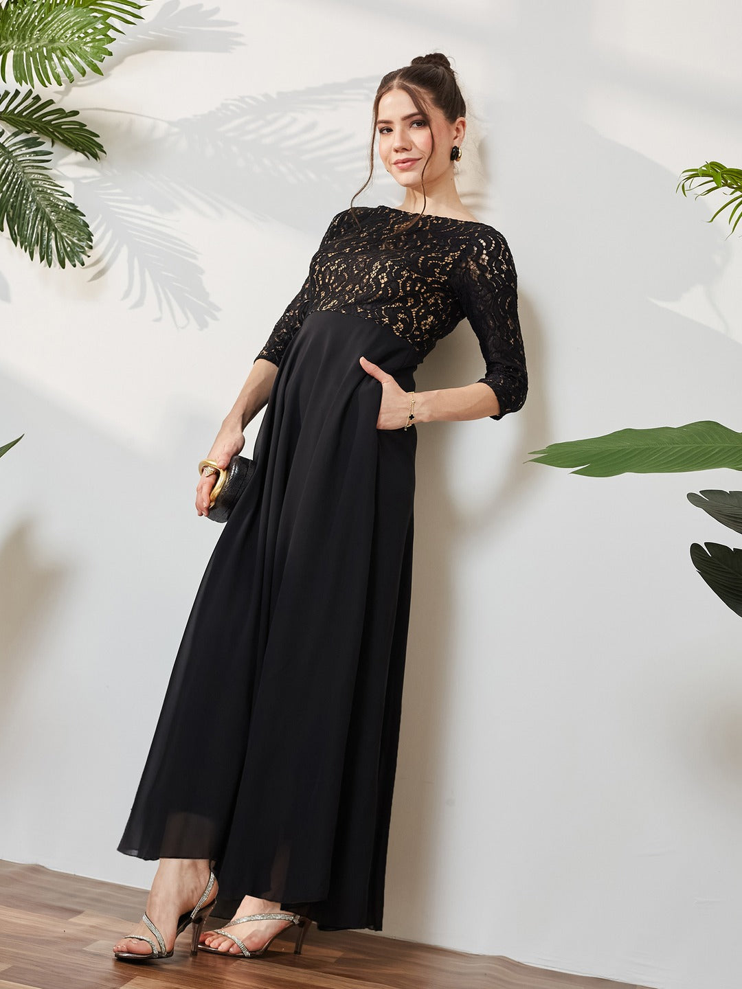 Black Self Design Boat Neck 3/4 Sleeves Side Pocketed Georgette Fit and Flare Maxi Length Dress for Women