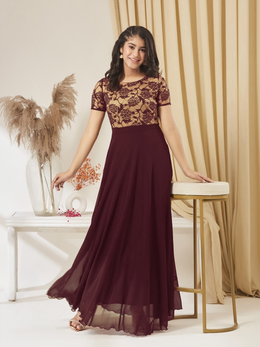 Wine & Beige Relaxed Fit Regular Georgette Dress for Girls/Teenagers