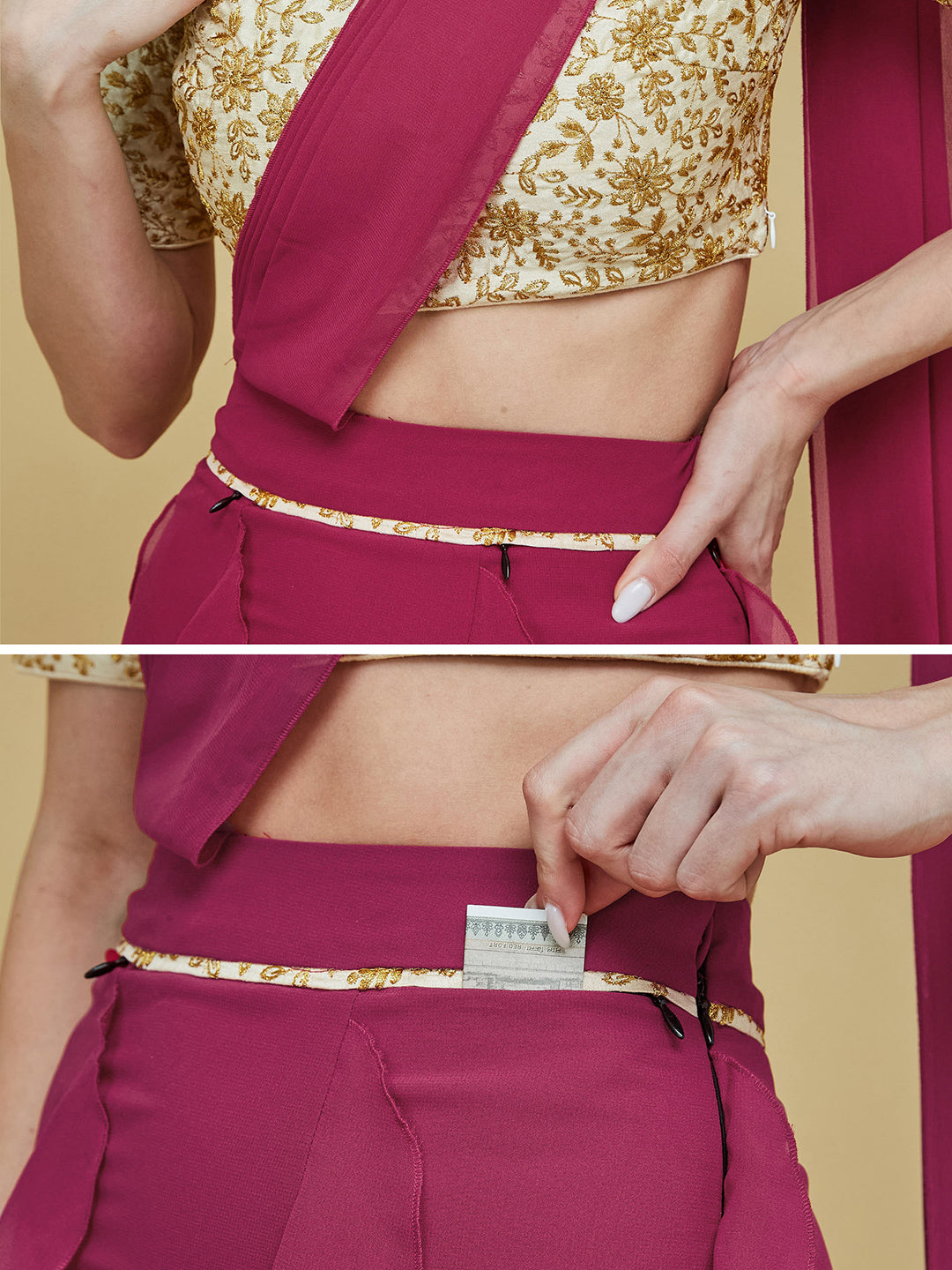 Women's Dark Pink Embroidered Boat Neck Half Sleeves Front Pocketed Frilled Maxi Co-Ord Set