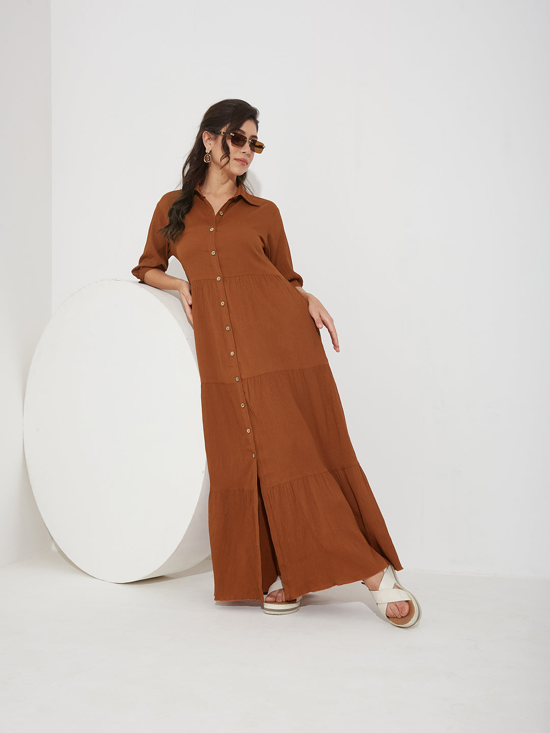 Rust Solid Polyester Shirt Maxi Dress with Bishop Sleeves and Tiered Hem for Women — Miss Chase