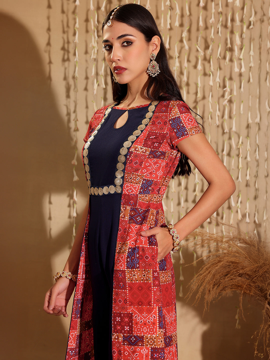 Women's Multicolored Keyhole-Neck Regular-Sleeve Bohemian Paneled Viscose-Rayon Regular-Length Jumpsuit
