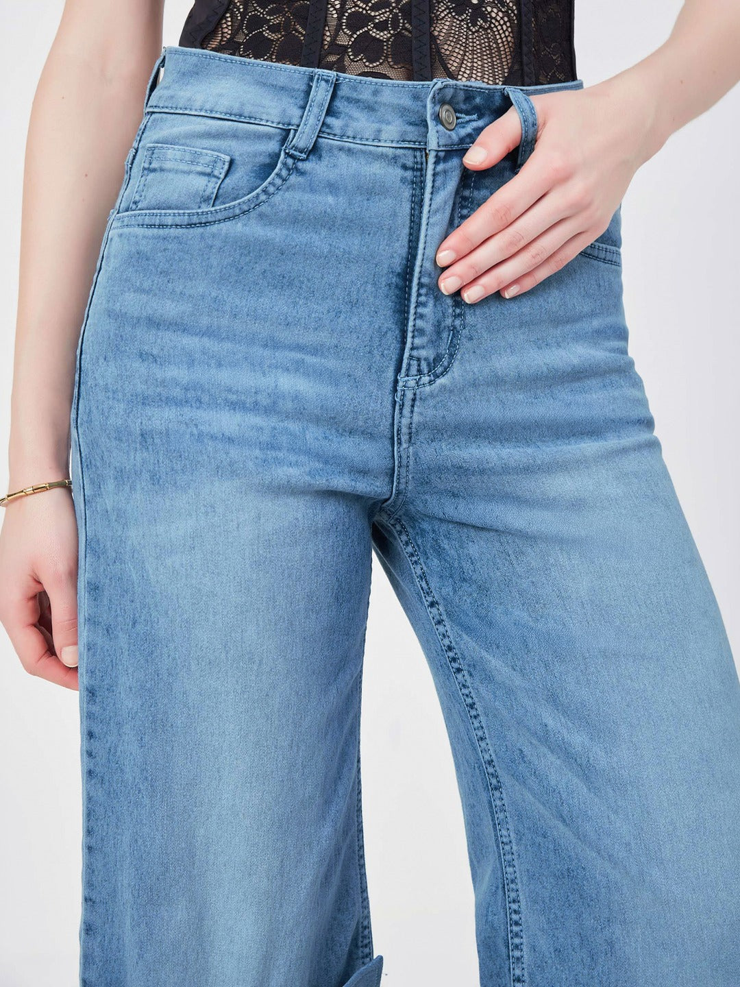 Light Blue Statement Bow Wide-Leg high-rise Regular Stretchable Denim Jeans for Women