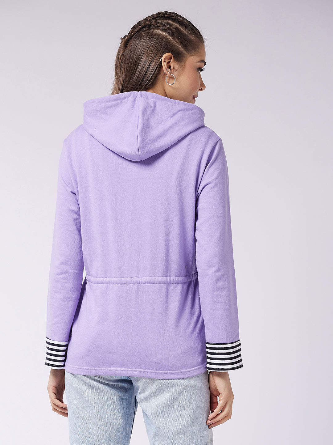 Women's Multicolored-Base-Lavender Hooded Full Sleeve Solid Waist Tie-Up Regular Jacket