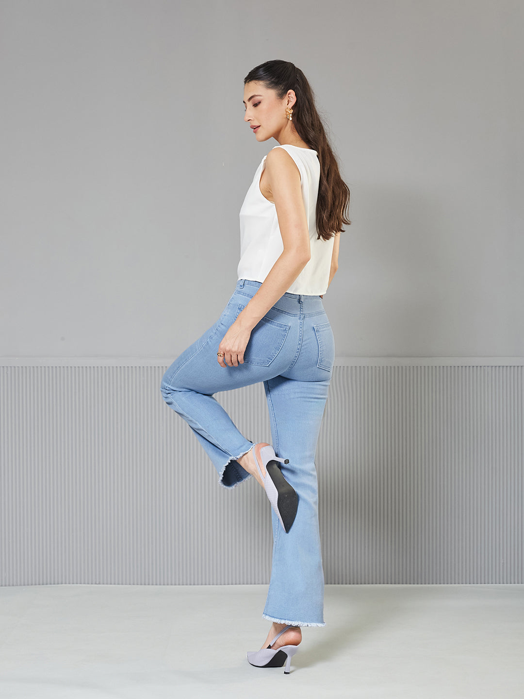 Light-Blue Boot Cut High-Rise Cropped Stretchable Denim Jeans for Women