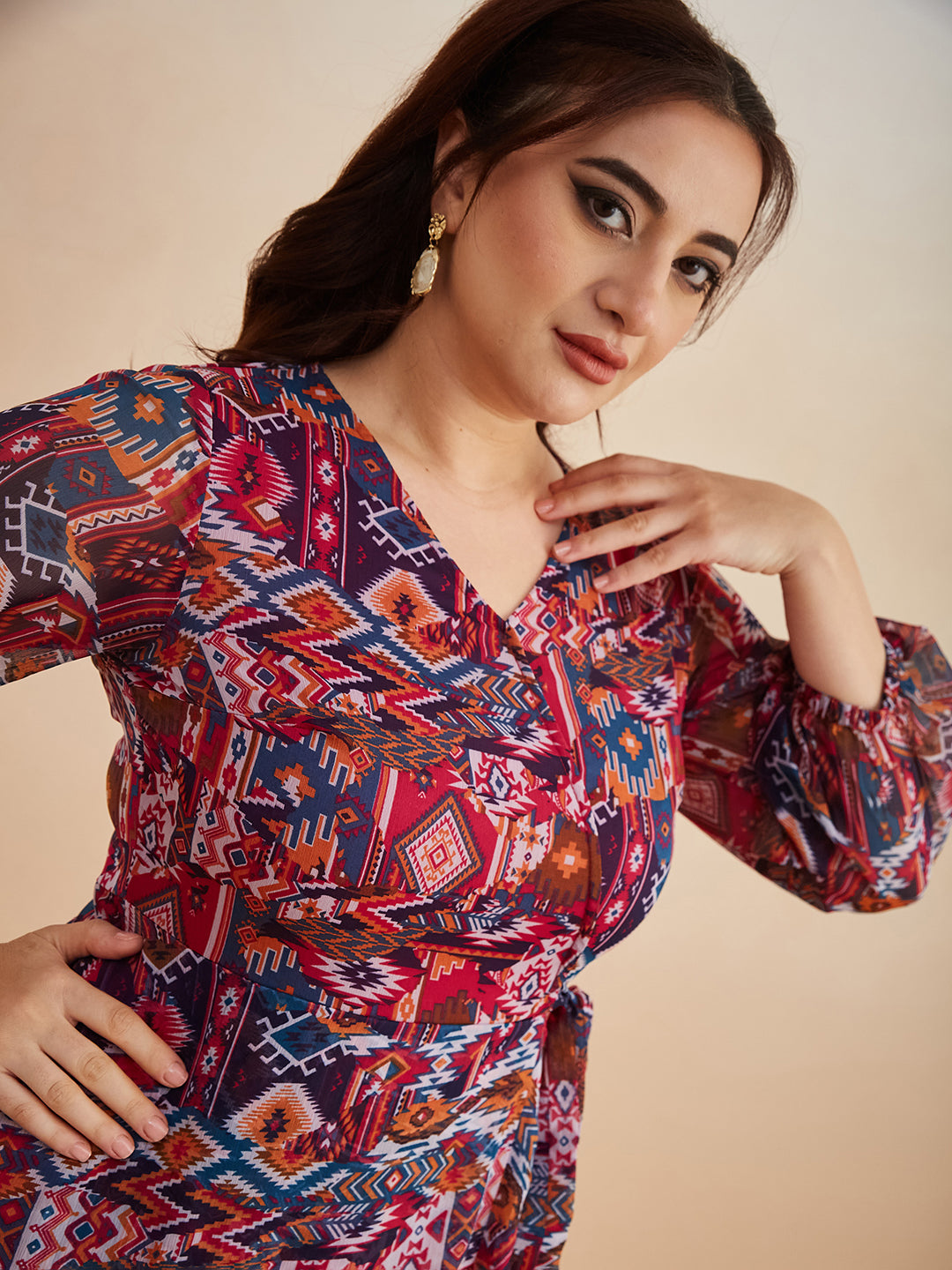 Multicolored V-Neck Three-Quarter Sleeve Geometric Patterned Wrap Midi Chiffon Dress for Women