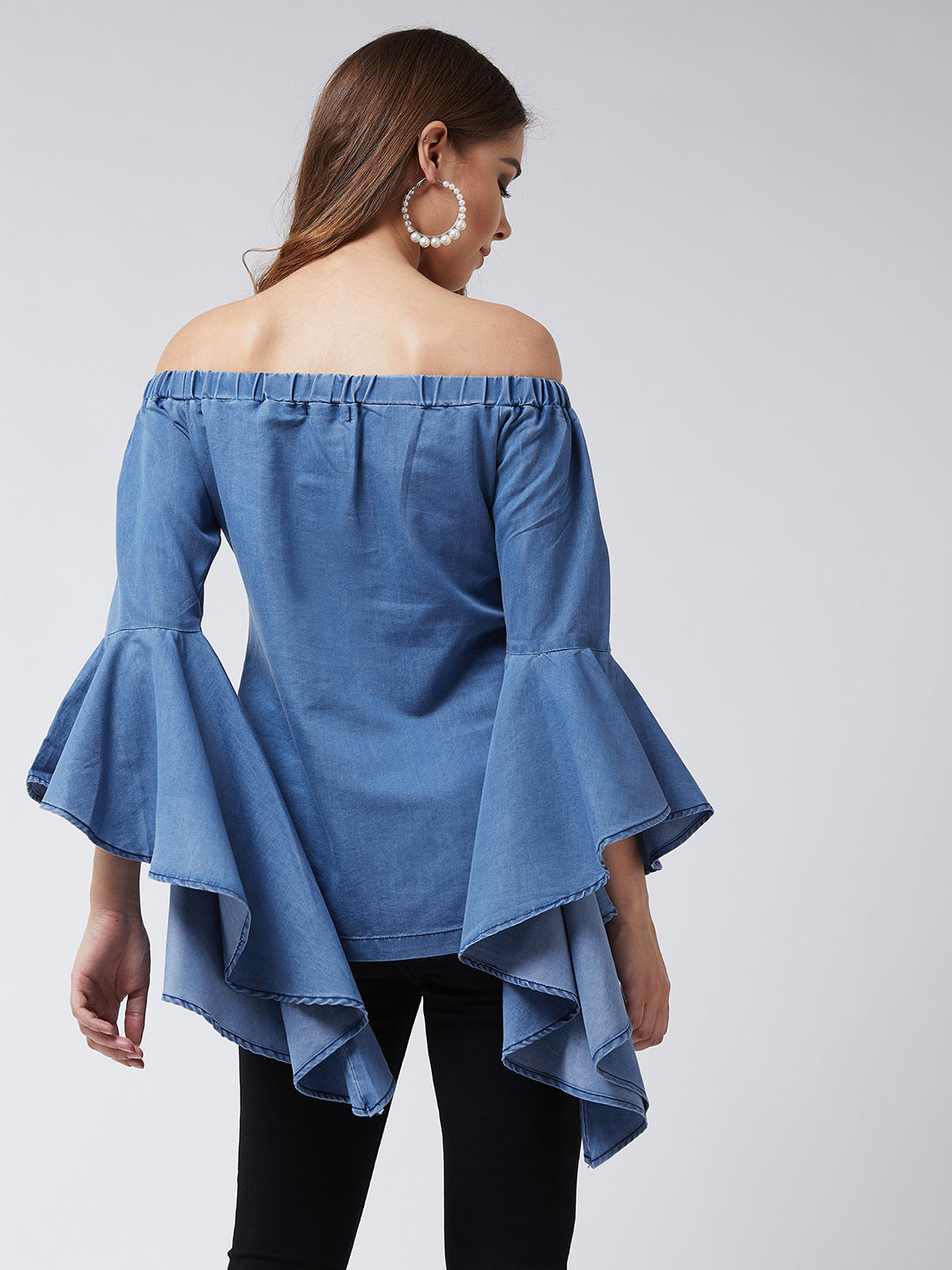 Women's Blue Off-Shoulder Ruffled Full Sleeves Solid Denim Top